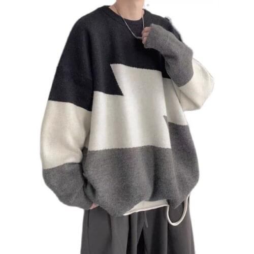 2021 autumn and winter sweater mens new trend color matching student round neck lazy wind couple loose sweater coat