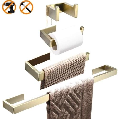 SUS304 Stainless Steel Adhesive Bathroom Accessories Set Brushed Gold Towel Bar Towel Hook Wall Towel Ring Toilet Paper Holder