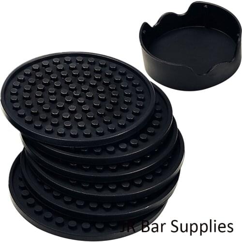 Coasters Set of 6 in Holder - Protect Furniture From Water Marks & Damage - Good Grip, Deep Tray, Large 4.3 inch Size (Black)
