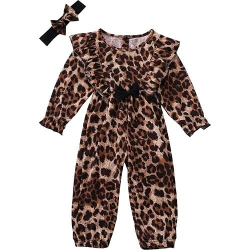 2021 New Child Girls Leopard Jumpsuit Fashion Kids Romper Long Sleeve Ruffles Top Bow Headband Childrens Clothes Set3-8Y