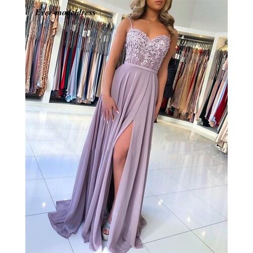2021 New Bridesmaid Dresses Long Spaghetti Lace Appliques Side Split Prom Party Dress Wedding Gowns Vestido De La Dama De Honor