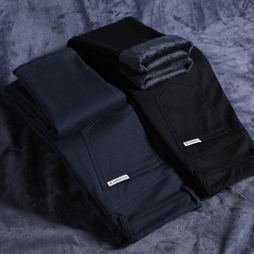 2021 Winter New Mens Warm Thick Casual Pants Business Fashion Black Blue Stretch Fleece Office Slim Trousers Male Brand