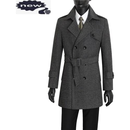 Plus Size 9XL Men Woolen Thickening Warm Trench Coat Lapel Striped Double Breasted Sashes Wool Jackets Fashion Business Casual