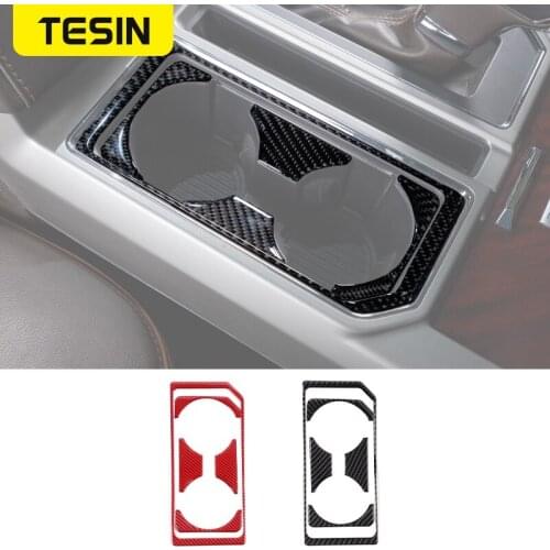 TESIN Soft Carbon Fiber Car Inner Front Water Cup Holder Panel Decoration Cover Stickers For Ford F150 2015+ Car Accessories