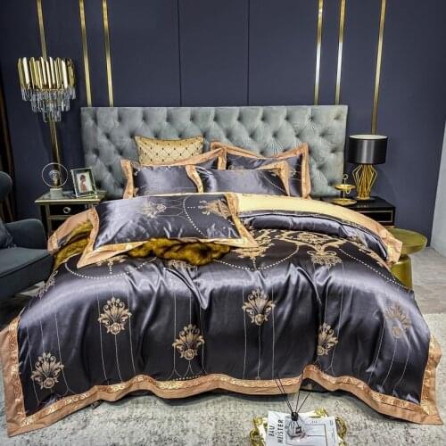 Vintage Premium Satin Jacquard Smooth Silky Soft Cotton Duvet Cover set Dark Blue Luxury Bedding set Cotton Bed Sheet Pillowcase