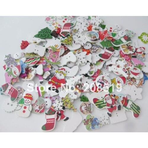WBNVVO Many christmas buttons mixed lots 100pcs Printed Wood Buttons ornament for home decoration