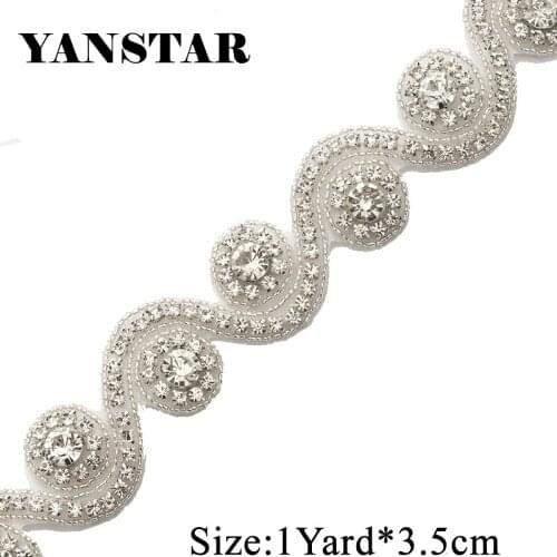 YANSTAR Handmade 5Yards Iron On Crystal Beaded Sewing Bridal Sash Wedding Dresses Belts Rhinestone Applique and Trimming YS939