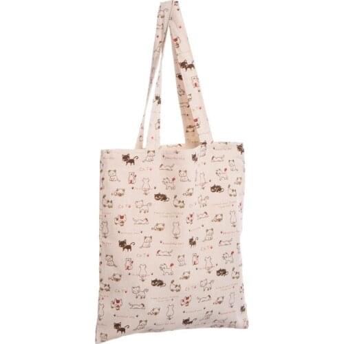 Girls Anime Neko Atsume Shoulder Bag Cat Print Animal Pattern Linen Handbag