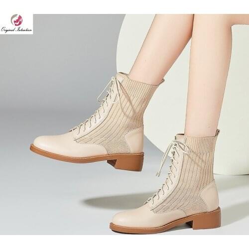 Womens Ankle Boots Fashion Round Toe Platform Cross Tied Casual Woman Boots Shoes Winter Slip On Chunky Heels Plus Size 33 45