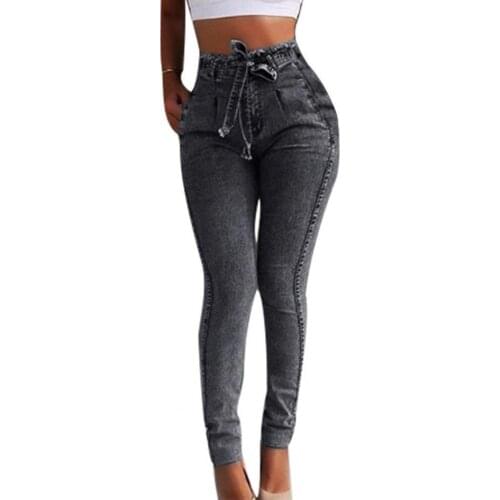 2021 Women Jeans Multi Pockets High Waist Multi Pockets Women Jeans Slim Tassel Bandage Push Up Denim Pants Trousers for Daily