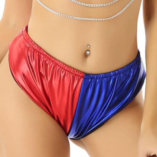 Women Adults Halloween Jester Cosplay Costume Shiny Metallic Elastic Waist Red and Blue Color Block Hot Booty Shorts Briefs