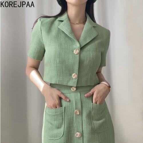 Korejpaa Women Sets 2021 Summer Ladies Korean Elegant Temperament Lapel Tweed Suit Jacket High Waist Chic Button A-Line Skirt