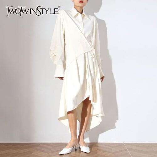 TWOTWINSTYLE Temperament Patchwork Lace Up Irregular Dress Female Lapel Long Sleeve Asymmetrical Fashion Dresses For Women Style