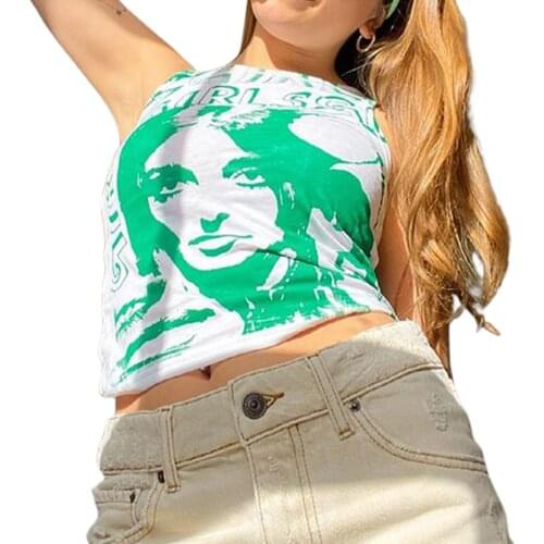 2021 Summer Ribbed Tank Tops Sexy Crop Vest Fashion Harajuku Korean Female Knitted White Blue Summer Women Slim Fit Printed Tops