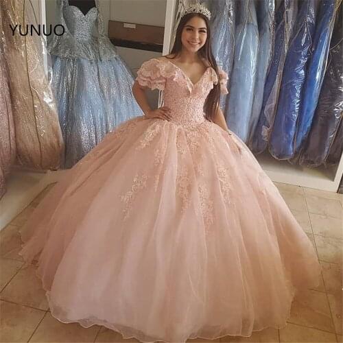 YUNUO Ball Gown Pink Quinceanera Dress 2021 Vintage Lace Vestidos 15 Anos Teen Girls Pageant Prom Gowns Sweet 16 Party Dresses