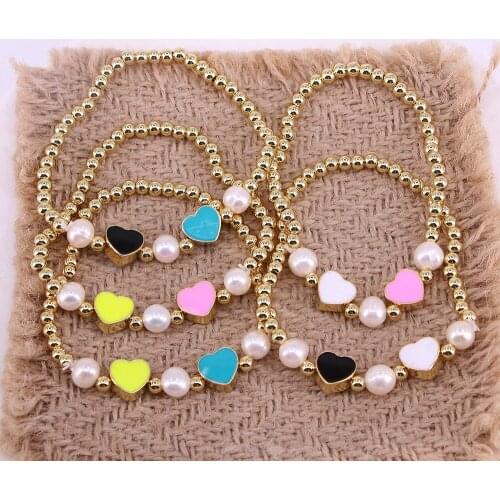 6PCS, New Fashion Women Party Jewelry Enamel Heart Pearl Beads Elastic rope Bracelet Gold Beaded Chain Woman Bracelets Bangles