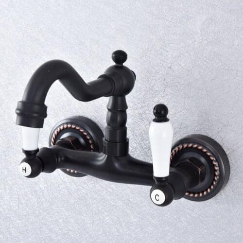 Oil Rubbed Bronze Wall Mounted Basin Faucets Double Handle Dual Hole Bathroom Sink Swivel Faucet Mixer Tap zsf749