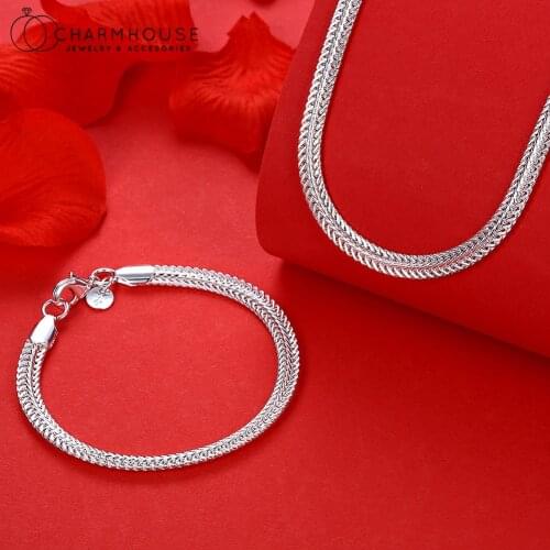 Pure Silver 925 Jewelry Sets For Man 6mm Flat Snake Chain Necklace & Bracelet 2 pcs Set New Fashion Male Jeewelry Accesories