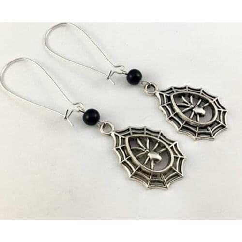 Gothic Spiderweb Tunnel Earrings With Crystal Beads On Silver Plated Kidney Hooks Gothic Jewelry Witchy Gift