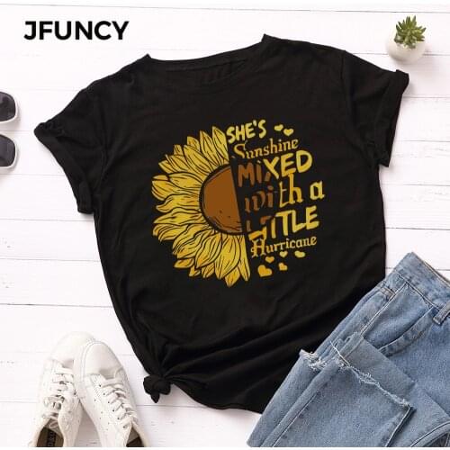 JFUNCY Plus Size New Sunflower Printed T-shirt Women Cotton Tshirt Summer Tees Tops Short Sleeve Woman T Shirt Female Shirts