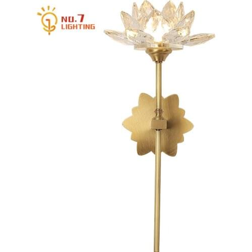 Chinese Classical Copper K9 Crystal Lotus Flower Wall Lamp Led G9 Zen Art Indoor Lighting for Living Room Decor Bedroom Tea Room