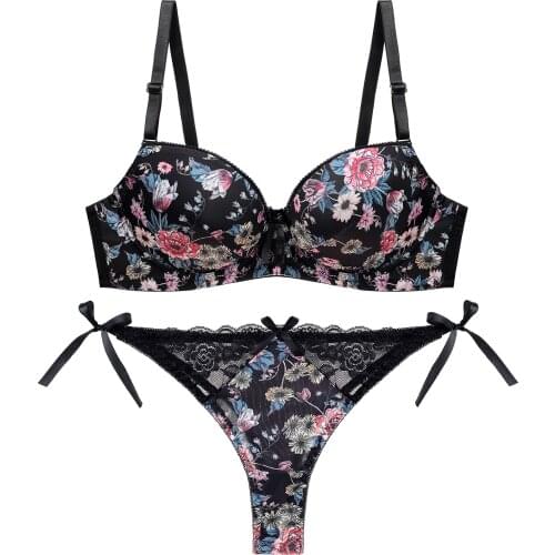 Classic Black Underwear Set Sexy Bras Printing Fashion Push Up Bra Panties sets Thick Cotton Brassiere Lace Women Lingerie Set