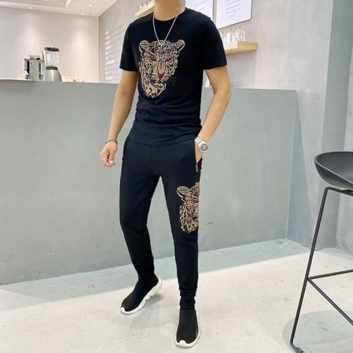 Spring and summer new mens high quality hot drilling sports suit fashion short sleeve+pants fashion sportswear suit