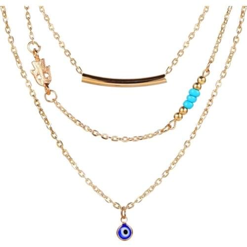 Multi level street racket hand of Fatima eyes clavicle chain pine stone womens short necklace jewelry