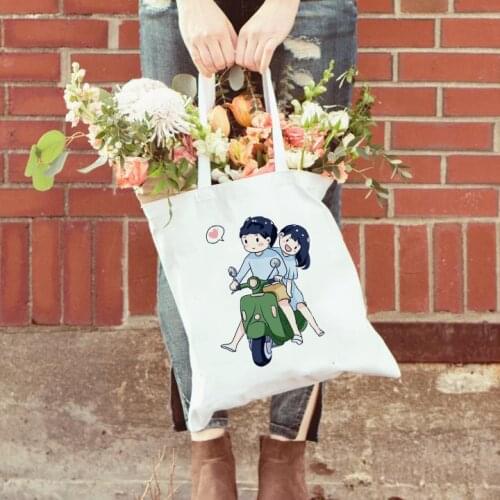 Fashion Women Shoulder Shopping Bag Cartoon Boys and Girls Lover Print Valentines Day Gift for Girlfriend Wife Canvas Tote Bag