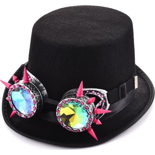 Steampunk Mens Black Hat With Crystals Rivets Goggles Party Cosplay Punk Glasses Fedora Top Hat Gothic Accessory