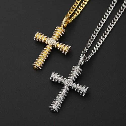 Mens Hip Hop Jewelry Rock Gold Color Micro Pave Full Rhinestone Cross Christian Religion Crucifix Pendant Necklace for Men Women
