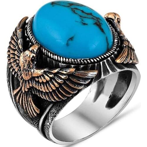 Solid 925 Sterling Silver Eagle Figure Oval Turquoise Stone Mens Ring