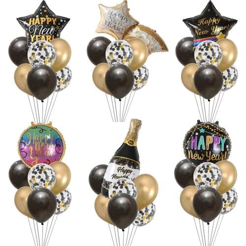 7pcs 18inch Round Star Happy New Year Balloons Set 12inch Black Gold Latex Bottle Foil Balloon Xmas New Year Party Decorations
