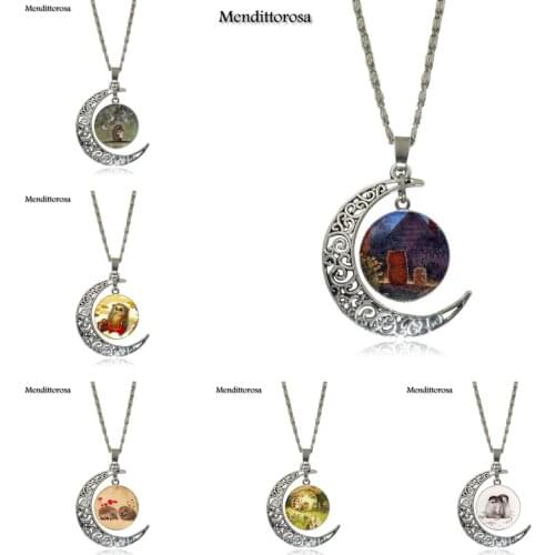 Mendittorosa Hedgehog Fashion Glass Cabochon Moon Pendant Necklace For Choker Necklace Jewelry Gift