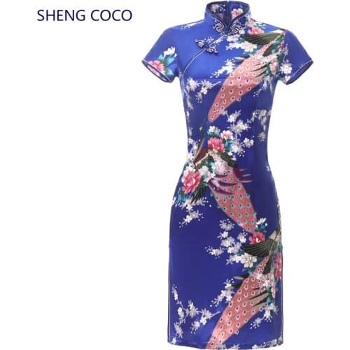 S-6XL Qipao Dresses Chinese Fashion Navy Blue Peacock Pattern Short Daily 6XL Vintage Cheongsam Enlarge Wholesale Vestido Chines