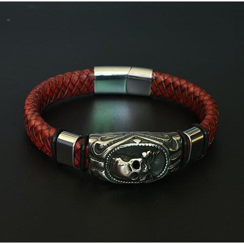 Skull Hand-Made Braided Leather Bracelet Bangles For Men Magentic Clasp Punk Bracelets Wristband Males Jewelry