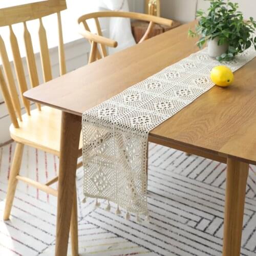 Luxury Bohemian Retro Table Runner Palace Lace Crochet Hollow Polyester Cotton Tassel Lace Placemat Dining Table Side Cabinet