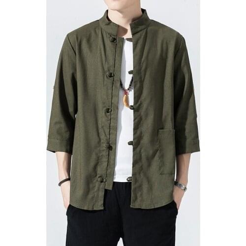 2021 New MenS Chinese Style Cotton Linen Shirts Male Vintage 3/4 Sleeves Casual Linen Shirt Solid Color Tops China Shirt 30708