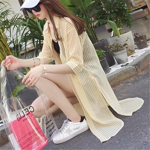 Shirts Women Chiffon Sunscreen Clothing Ladies Korean Top Womens Striped Blouse Outwear Loose Shirt Thin Elegant Coat Chic X82