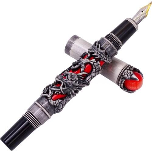 New Luxury Jinhao Dragon King Vintage Fountain Pen Calligraphy Fude Pen, Metal Embossing Red Jewelry on Top, Grey-Red Ink Pen