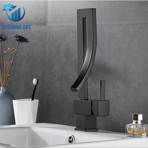 Deck Mounted Brass Black Waterfall Basin Faucet Bathroom Faucet Hot Cold Mixer Crane Bathroom Faucet Taps Single Handle