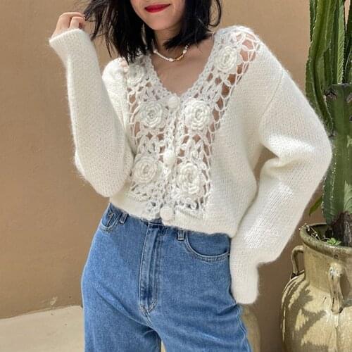 GypsyLady handmade vintage Sweater Cardigan Autumn Chic floral crochet hollow out Women Sweater Sexy Cardigan Ladies Knitwear