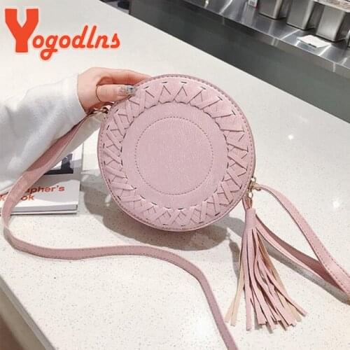 Yogodlns 2021 Women shoulder bag round Weave bag female handbag small crossbody bags for Girls PU leather tassel purse