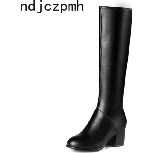 Womens Boots New Winter Fashion Round Head Zipper Mid Heel Comfortable High Tube Women Shoes Plus Size 32-45 Heel Height 5cm