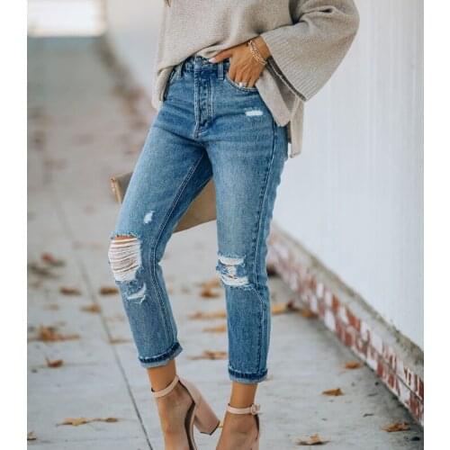 Zipper Washed Denim Jeans for Women Skinny Jeans Women Ripped Hole Jean Ankle-Length Pencil Pants Trousers Pants Ladies 16216