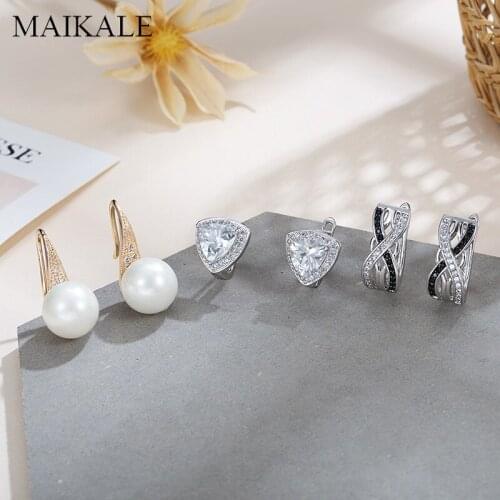 MAIKALE New Korean Earrings Cubic Zirconia Pearl Womens Geometric Stud Earrings for Women Jewelry Fashion Temperament Gift