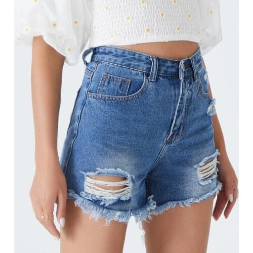 Summer New Arrival Vintage Hole Denim Shorts Women Sexy Ripped High Waist Frayed Shorts 2021 Casual Slim Burr Blue Cowboy Shorts