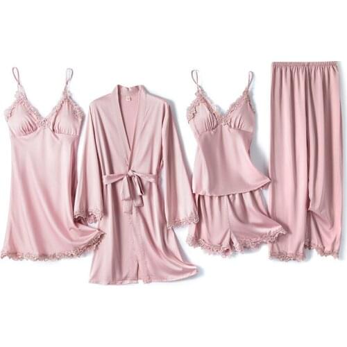 Lady Lingerie 5PCS Robe Gown Set V-Neck Suspender Skirt Sexy Rayon Nightdress Kimono Bathrobe Pajamas Sleep Suit Loose Home Wear