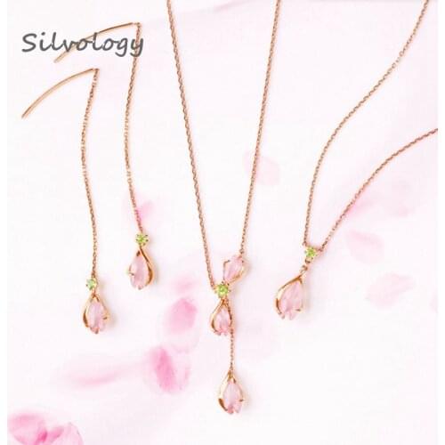 Silvology 925 Sterling Silver Natural Rose Quartz Pendant Necklace Romantic Cherry Blossom Series Necklace Female Jewelry Gift