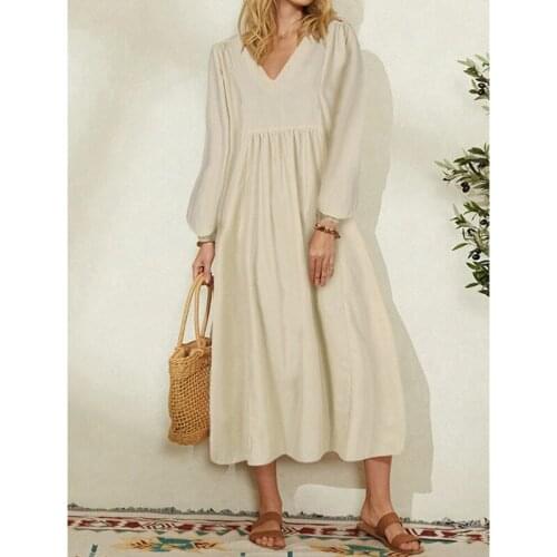Women Summer Cotton Linen Party Dress Women Spring Elegant V-Neck Long Sundress 2021 Vintage Female Solid Loose Dresses M-3XL